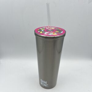 Dunkin' Donuts 24oz Stainless Steel Sipper Tumbler with Straw~Donut Image In Lid